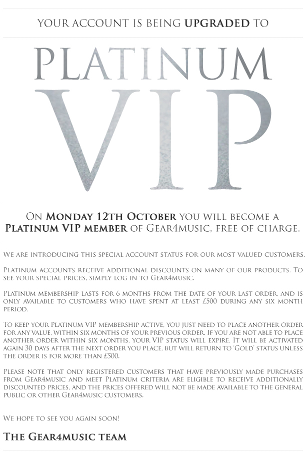 Your account is being upgraded to Platinum VIP Membership.