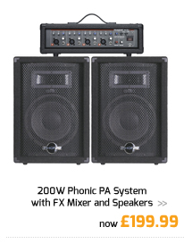 200W Phonic PA System with FX Mixer and Speakers.