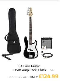 LA Bass Guitar + 15W Amp Pack, Black.