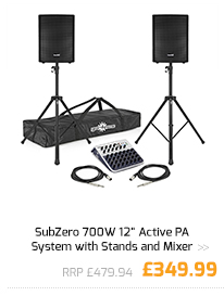 SubZero 700W 12'' Active PA System with Stands and Mixer.