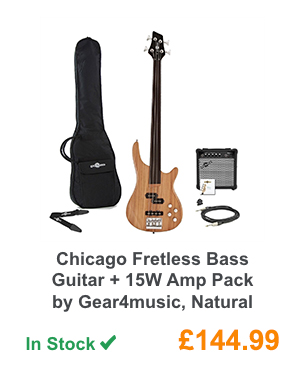 Chicago Fretless Bass Guitar + 15W Amp Pack by Gear4music, Natural.