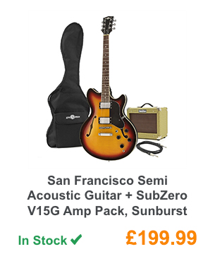 San Francisco Semi Acoustic Guitar + SubZero V15G Amp Pack, Sunburst.