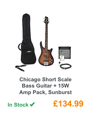 Chicago Short Scale Bass Guitar + 15W Amp Pack, Sunburst.