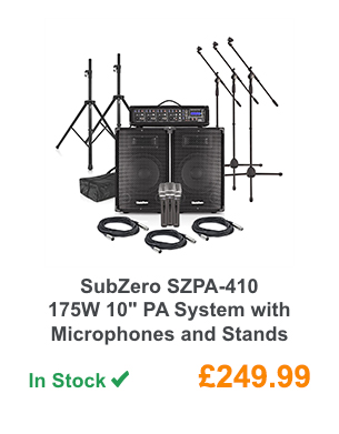 SubZero SZPA-410 175W 10'' PA System with Microphones and Stands.
