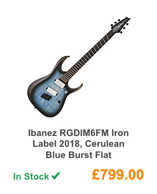 Ibanez RGDIM6FM Iron Label 2018, Cerulean Blue Burst Flat.
