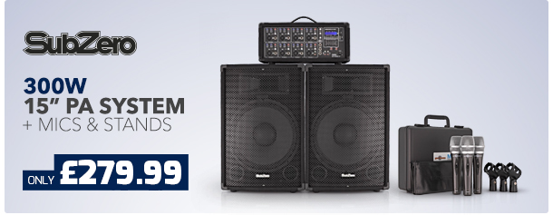 SubZero 300W 15 Inch PA System with Microphones and Stands